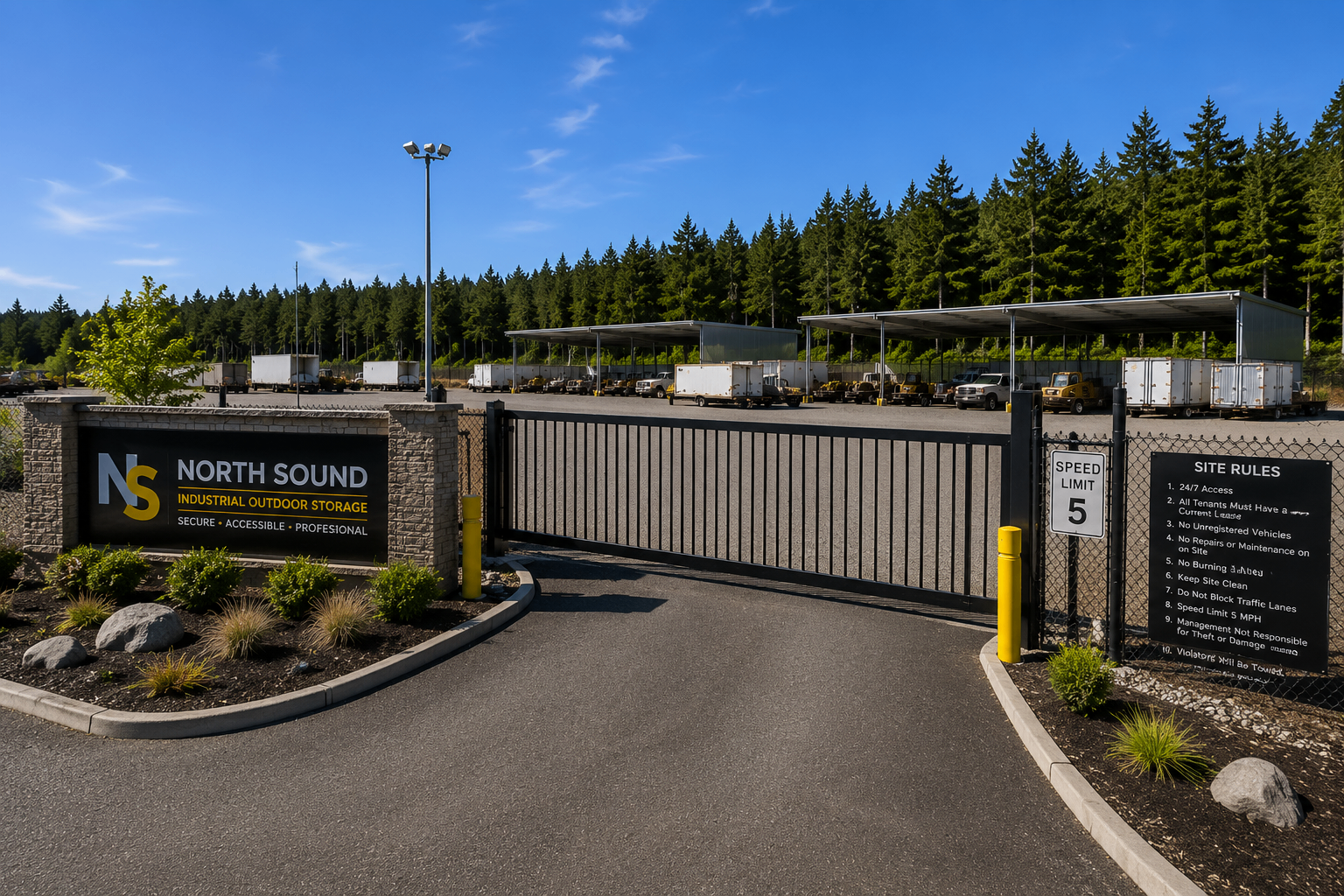 Main Gate & Signage at Iron Gate, Bellingham